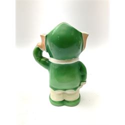 Shelley Boo Boo three piece tea set designed by Mabel Lucie Attwell, comprising teapot modelled as a house, sugar bowl modelled as a toadstool, and creamer modelled as an elf, each with printed marks beneath, together with a Shelley Mabel Lucie Attwell teacup and saucer. 