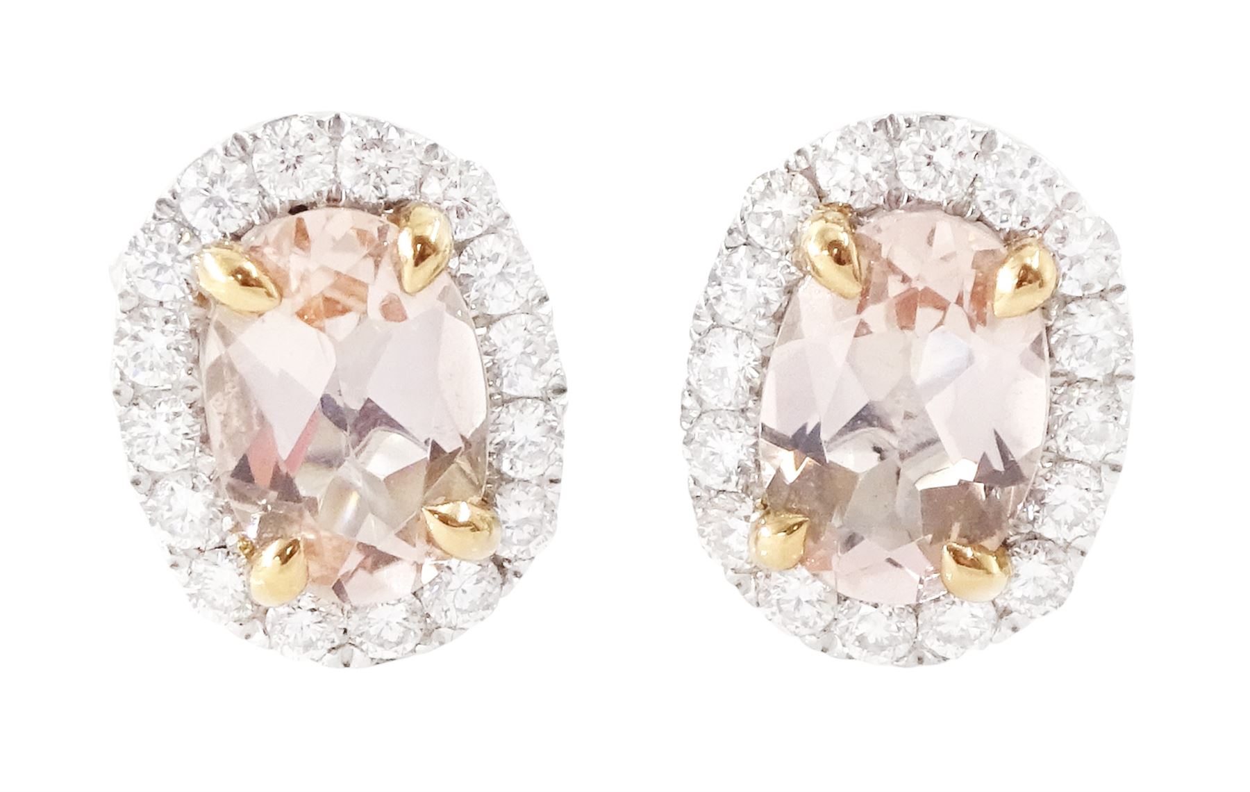 Pair of 18ct white and rose gold morganite and diamond earrings, each stud set with a single oval cut morganite, surrounded by round brilliant cut diamonds, hallmarked, total morganite weight approx 1.40 carat, total diamond weight 0.37 carat
