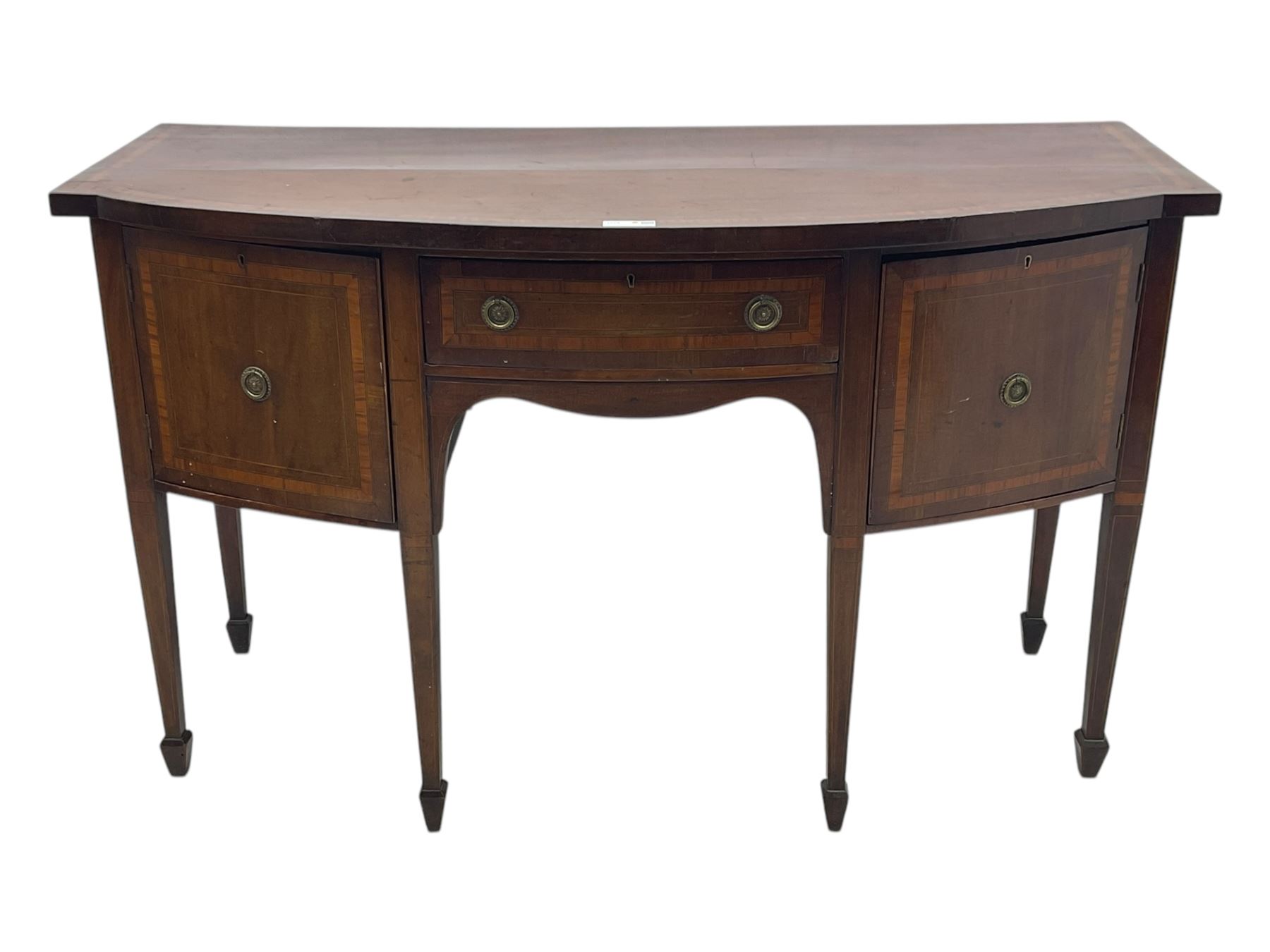 Early 19th century inlaid mahogany bow-fronted sideboard, the top inlaid with satinwood band, fitted with two cupboards and single drawer, on square tapering supports with spade feet 