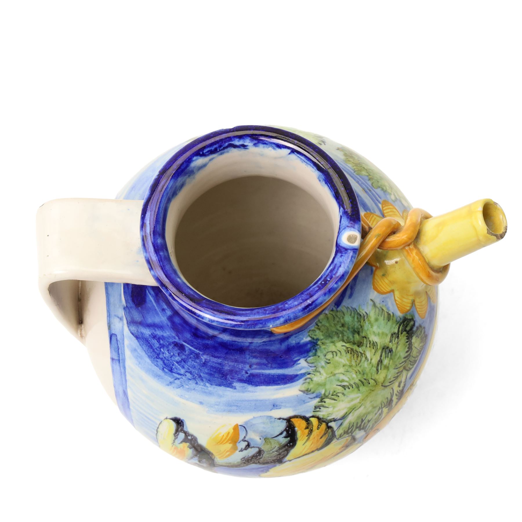 Italian maiolica wet drug jar inscribed 'Ol Mastica' 20th century, painted with putto, church buildings etc H22cm