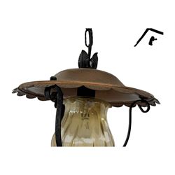 Collection of vintage and modern light fixtures, including copper pendant light, brass five-arm chandelier, hanging lantern and two small chandeliers with hanging faceted droplets (6)