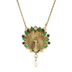  Igor Carl Faberge for Franklin Mint 14ct gold peacock watch pendant necklace, the peacock wings diamond, enamel and sapphire set, with a single suspended pearl, the back with hidden quartz watch, boxed