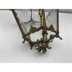 Edwardian floral cast gilt brass hall lantern of tapered pentagonal form, the five glass panels with etched decoration, overall approx L36cm excl chain