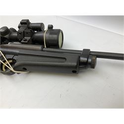 Crosman .22 air rifle with gas cylinder, model AS2250, with bolt action, skeleton stock, moderator and Hawke 4x32 telescopic sight with infra red facility, serial no.803B11493, L88.5cm