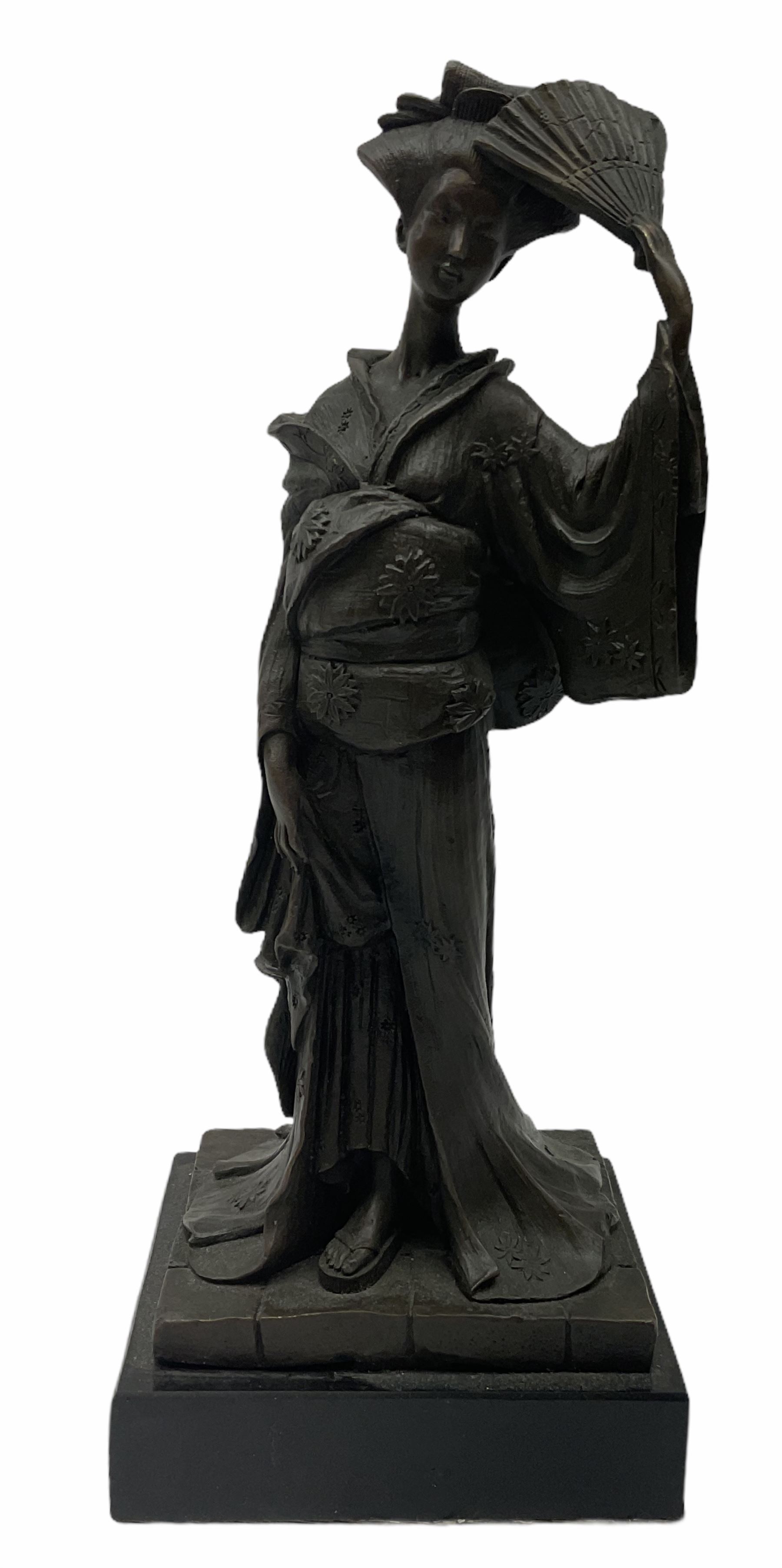 A Japanese bronze modelled of a Geisha, impressed Kamiko, upon slate base, H25cm. 