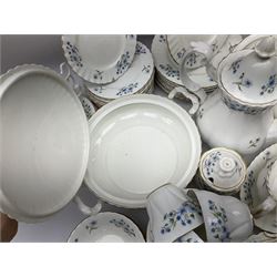 Extensive Richmond Blue Rock pattern part tea and dinner service, to include seven dinner plates, nine smaller plates, three lidded twin handled tureens, two teapots and two coffee pots, eleven bowls, cake stand, six twin handled soup bowls and saucers, six teacups, four coffee cups, milk jugs, sucrier, cake plate, salt and pepper shakers, other plates, dishes, bowls, side plates and many spares etc