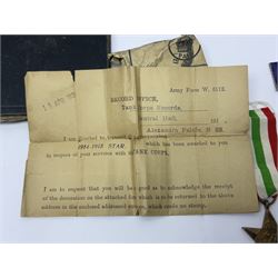 WWI pair of medals comprising British War Medal and Victory Medal awarded to 32682 Pte. W. Meadows W. Rid. R. in issue box; WWI pair of medals comprising 1914-15 Star and Victory Medal awarded to 3720 Pte. (later Cpl.) E. Petty W. York. R. with issue letter from Tank Corps; WWII group of five medals comprising 1939-45 War Medal, Defence Medal and 1939-45, Italy and Africa Stars; all with ribbons; and book of nineteen seaman's Certificates of Discharge to cook Charles Filburn 1893 - 1901 from various British ports