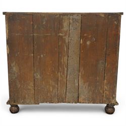 William & Mary period laburnum and walnut oyster-veneered chest, the rectangular top with canted corners and walnut banded edge, profusely decorated with oyster veneer and fruitwood stringing in concentric circles, fitted with two short over three long drawers with fruitwood banding, each fitted with original pressed brass escutcheons and pull handles, lower moulded edge over original bun feet