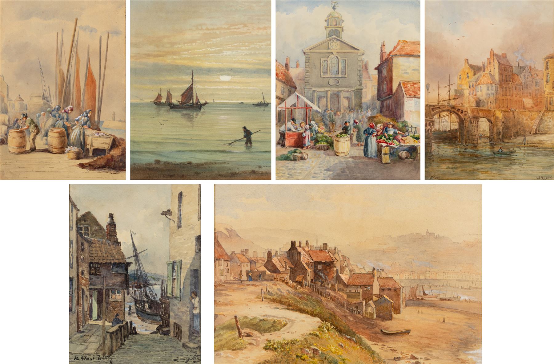 Thomas Swift Hutton (British 1860-1935): 'Tin Ghaut - Whitby', George Percy Bankart (British 1866-1929): ‘River Esk at Whitby’, Edith F Hillier (British 19th/20th Century): ‘The Market Place – Whitby'; together with other Whitby related watercolours variously signed and titled max 36.5cm x 26.5cm (6)