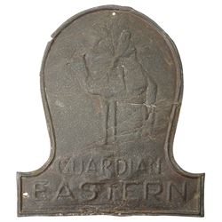  Lead fire mark marked 'Protection' and cast with a phoenix H26cm and a tin fire mark marked 'Guardian Eastern' (2)