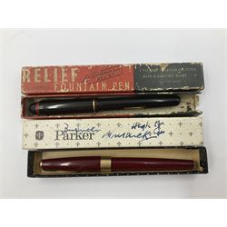 Six fountain pens, five with 14ct gold nibs, comprising R.Esterbrook & Co Relief fountain pen, in original box, two Waterman's Ideal fountain pens, Onoto self-filling fountain pen, the black chevron pattern barrel and cap with gold detailing, Parker Slimfold and one other Parker pen
