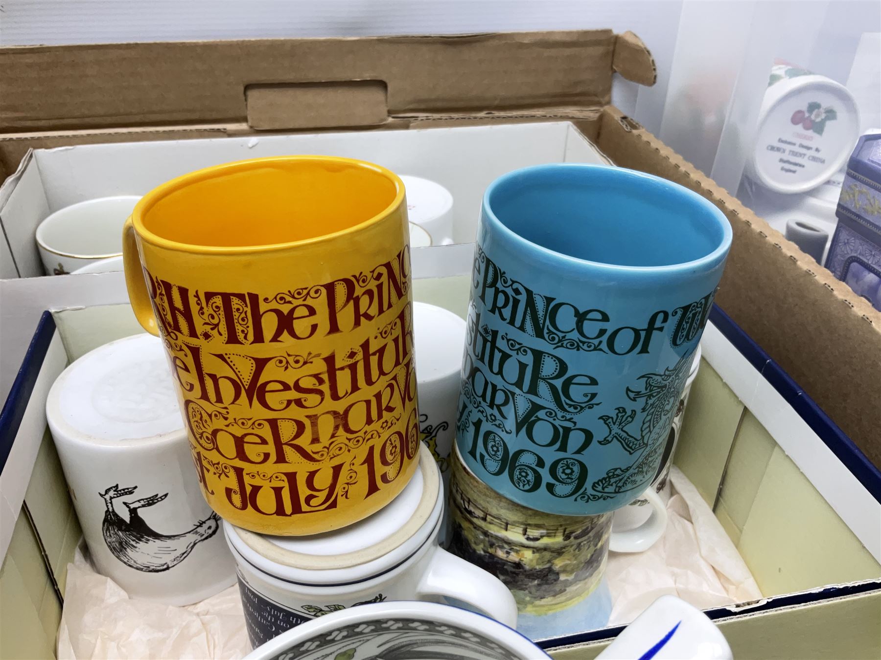 Large collection of ceramics to include God Speed the Plough loving cup, Denby, Coalport, Portmeirion, quantity of mugs etc in four boxes