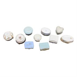 Ten porcelain boxes, of various form, each with printed decoration of figures