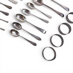 Collection of Victorian and later silver flatware, all hallmarked and four silver wirework napkin rings 