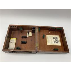 Henry Hughes & Son Ltd. sextant with black crackled finish, brass and silvered graduated arc and various coloured glass filters, serial no.60818, in fitted mahogany carrying box bearing Lilley & Reynolds Ltd. certificate dated 1962 W26cm