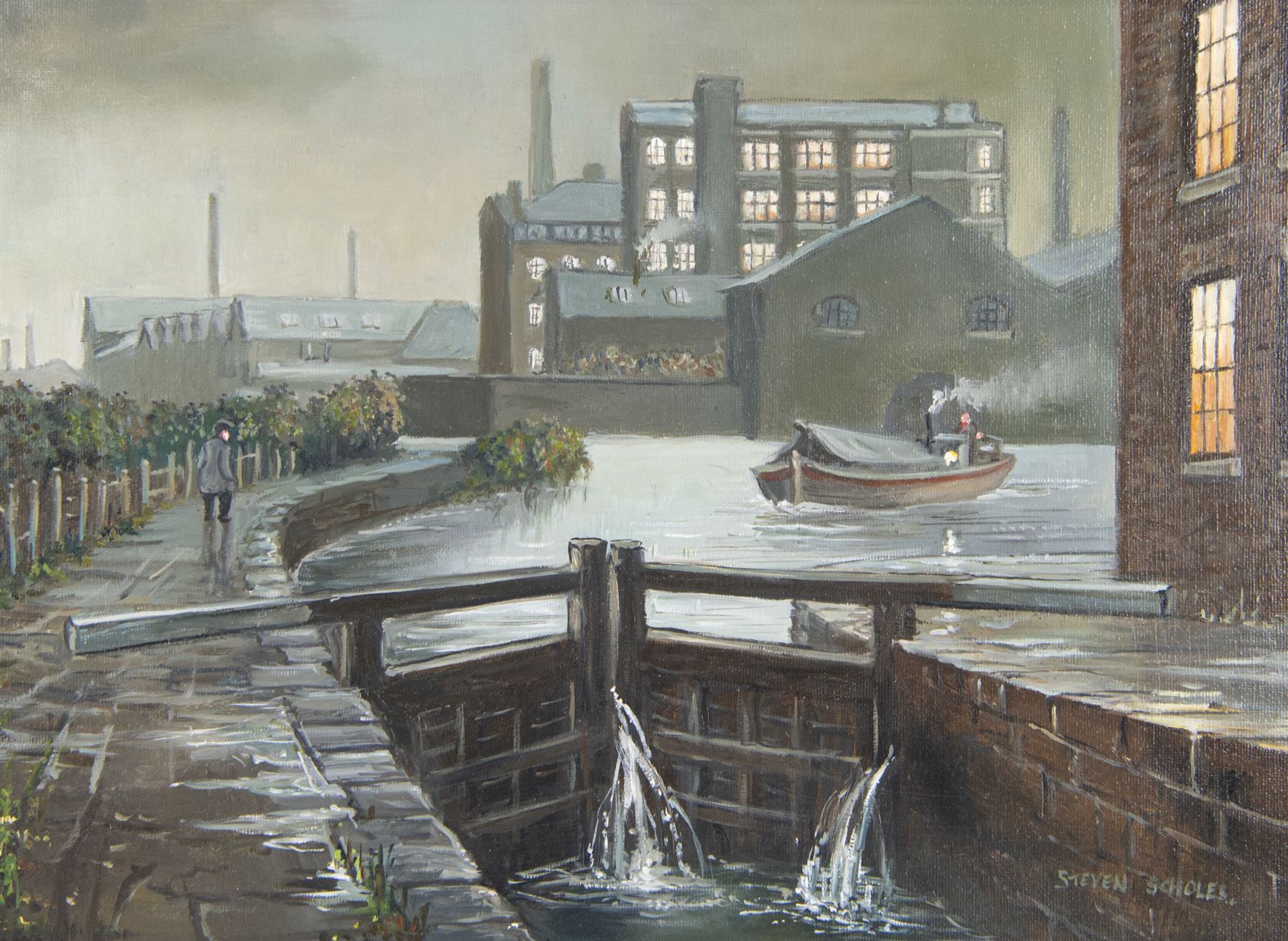 Steven Scholes (Northern British 1952-): 'The Rochdale Canal - Dale St Basin - Manchester 1962', oil on canvas signed, titled verso 29cm x 39cm