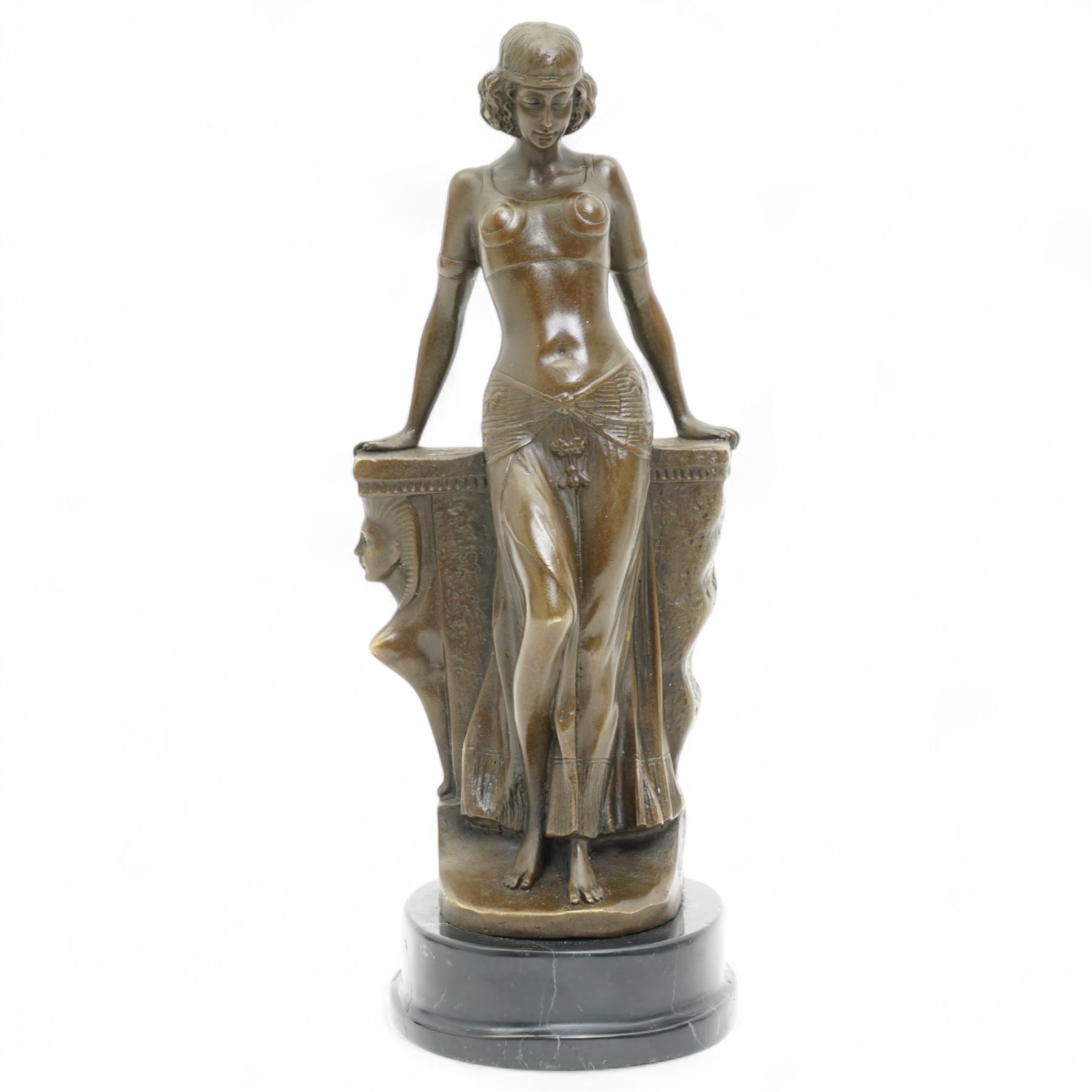 Bronze figure of an Egyptian lady wearing a shendyt, signed Milo and with foundry mark, H25cm 