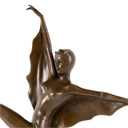 After Josef Lorenzl,- Art Deco style bronze bat girl, upon a stepped circular marble base, H47cm