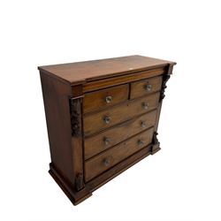 Victorian mahogany chest, fitted with secret frieze drawer above two shot and three long drawers, glass handles