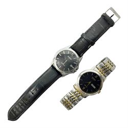 Citizen Eco Drive gentlemans two-tone stainless steel wristwatch, with black dial and date apeture, together with an Accurist gentlemans wristwatch, with black dial and date apeture, on black leather strap