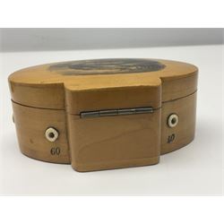 Six sewing related Mauchline ware comprising an oval reel box with internal label for Clark & Co's, tape measure, pin case and three thimble holders of ovoid form 