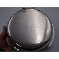 Late Victorian silver entree dish, of plain circular form, with twin ring handles and single ring handle to domed cover, opening to reveal removable silver partition to interior, each element hallmarked John Round & Son Ltd, Sheffield 1899