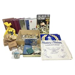 Great British and World coins, including a small number of pre 1920 silver coins, pre-decimal pennies, commemorative crowns, various part filled 'The London Mint Office' commemorative coin folders, Britain's First Decimal Coins sets in blue folders, pre-Euro coinage, United States of America coins etc