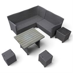 Kettler - Palma rattan garden lounge suite, comprising modular corner sofa (DIM) with slatted and rattan garden table on end supports (DIM), and three stools (DIM), with loose seat cushions