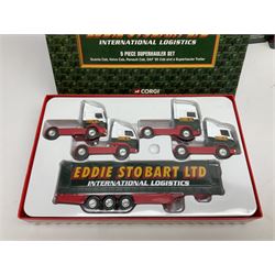 Corgi Eddie Stobart - limited edition CC12610 Scammell Crusader 3 Axle Low loader, CC12502 Atkinson Borderer Flatbed Trailer and AA30008 Douglas DC-3 Aircraft; TY99158 5-Piece Superhauler Set; and M6 Motorway Set; all boxed (5)