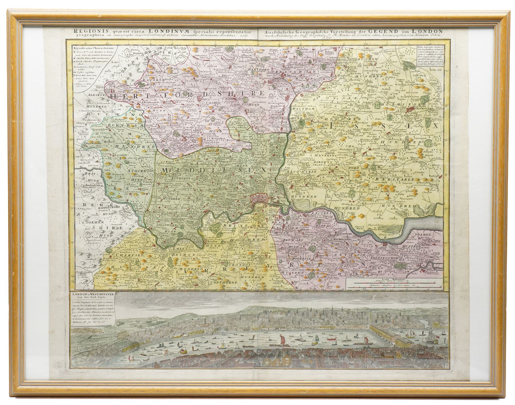 Homann Heirs (German Est.1702): London & Environs - 'Regionis quae est circa Londinum...', 18th century engraved map with hand-colouring and  bird's-eye prospect view of London and the Thames to bottom pub. c.1741, with margins, 53cm x 62cm