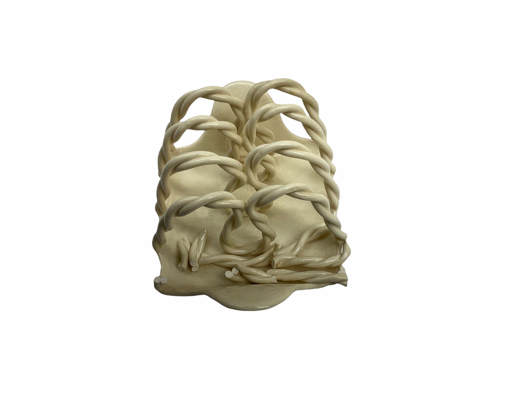 20th century Leeds creamware, comprising chestnut basket and stand, small tureen and cover, ladle, and associated stand, candlestick with stem modelled as a dolphin, teapot, tureen and cover in the form of a melon with fixed stand, and toast rack (toast rack a/f), each with impressed mark beneath. 