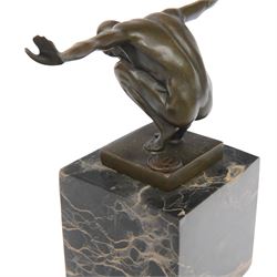 After Miguel Fernando Lopez Power of Silence, modelled as a athlete crouched with arms outstretched, signed Milo, upon a marble plinth, H15cm