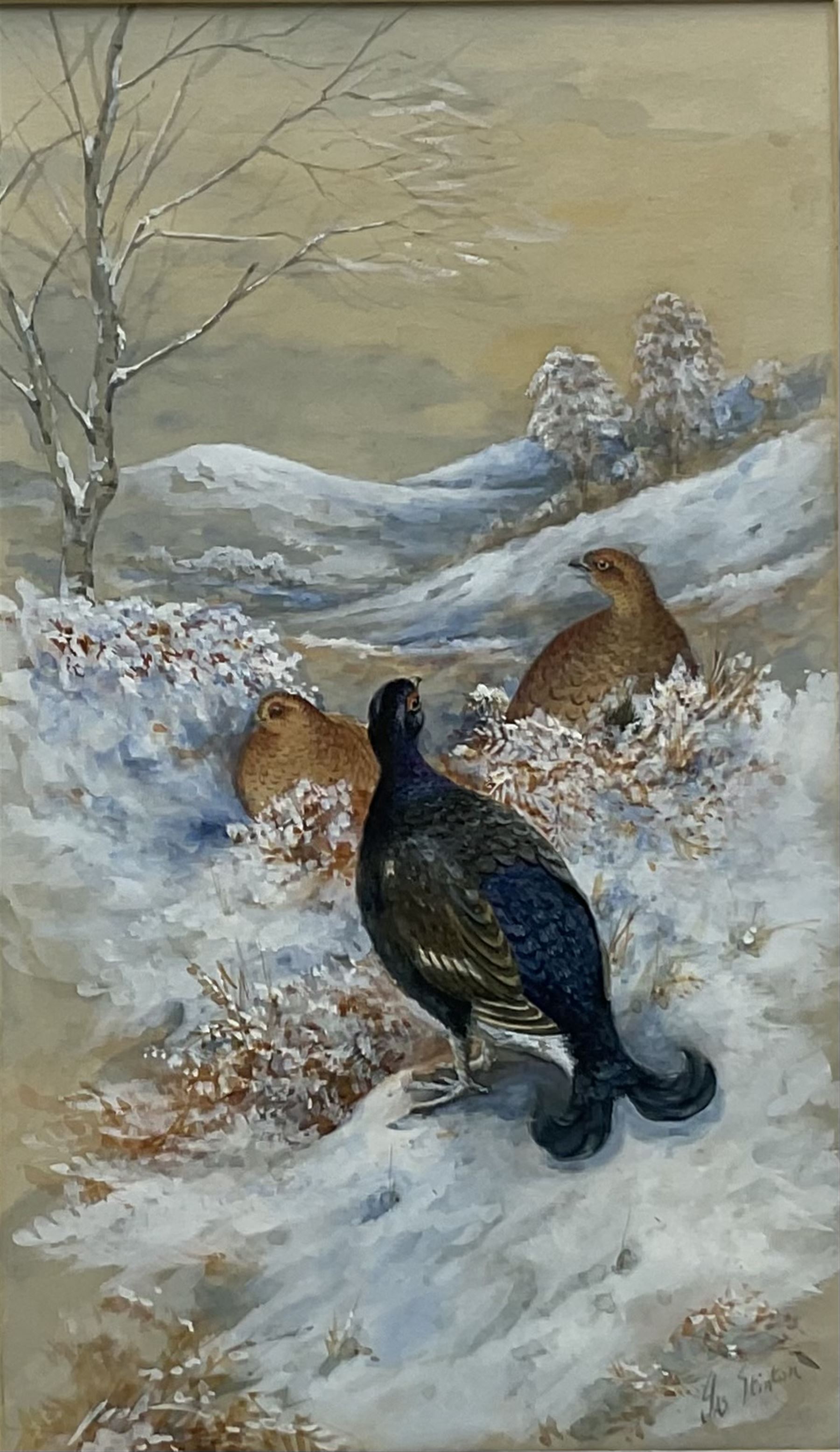 James Stinton (British 1870-1961): Pheasants and Grouse in Winter Landscapes, pair watercolours heightened in white signed 28cm x 16.5cm (2)