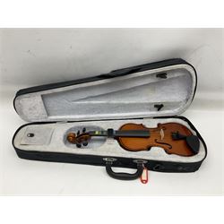Four student violins - two Chinese three-quarter size with 33.5cm and 34cm two-piece backs; Stringers of Edinburgh quarter size with 28cm two-piece back; and Stentor quarter size with 28cm two-piece back; each in carrying case (4)