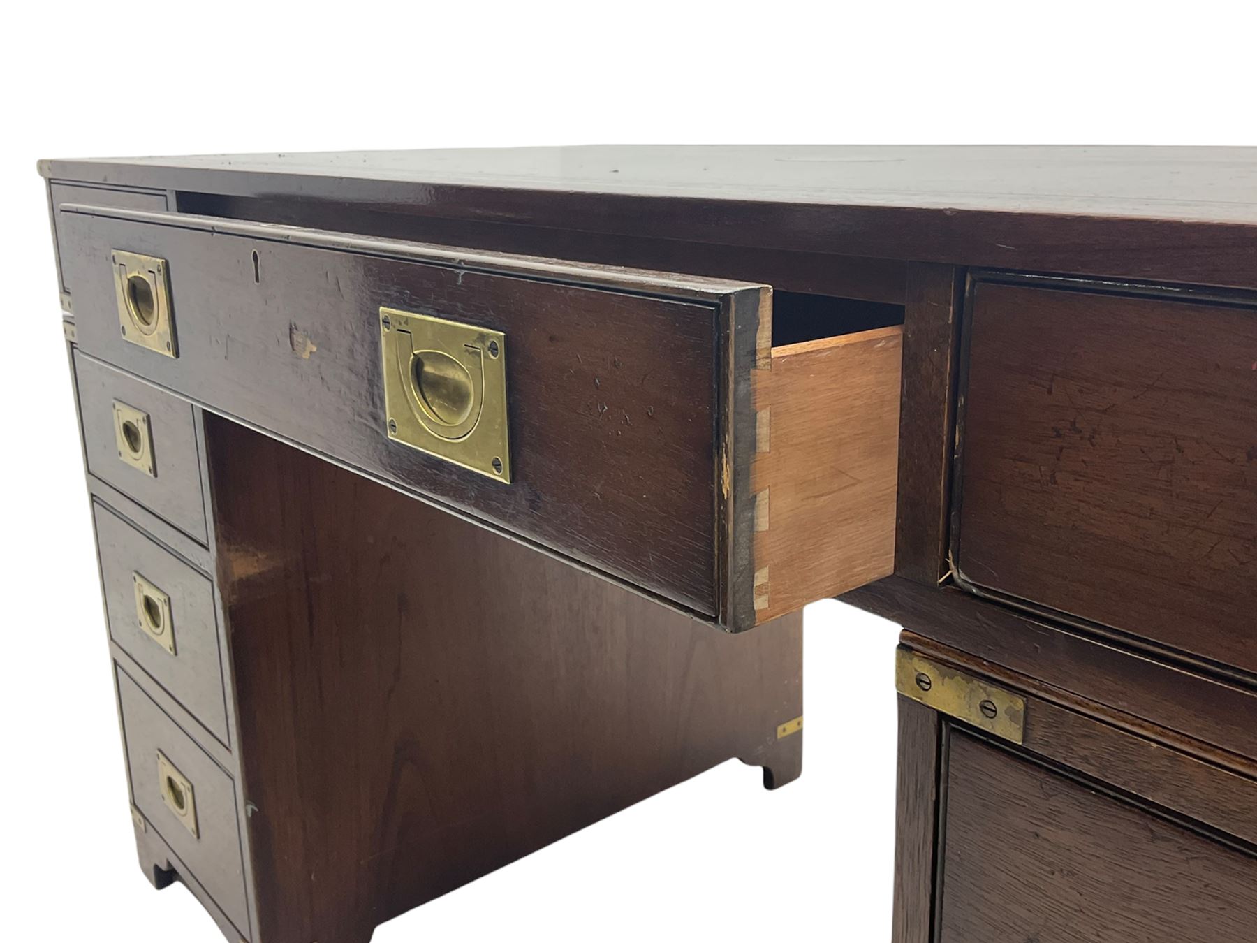 Bevan Funnell Reprodux - Military style mahogany twin pedestal desk, rectangular top with leather inset, fitted with eight drawers, on bracket feet