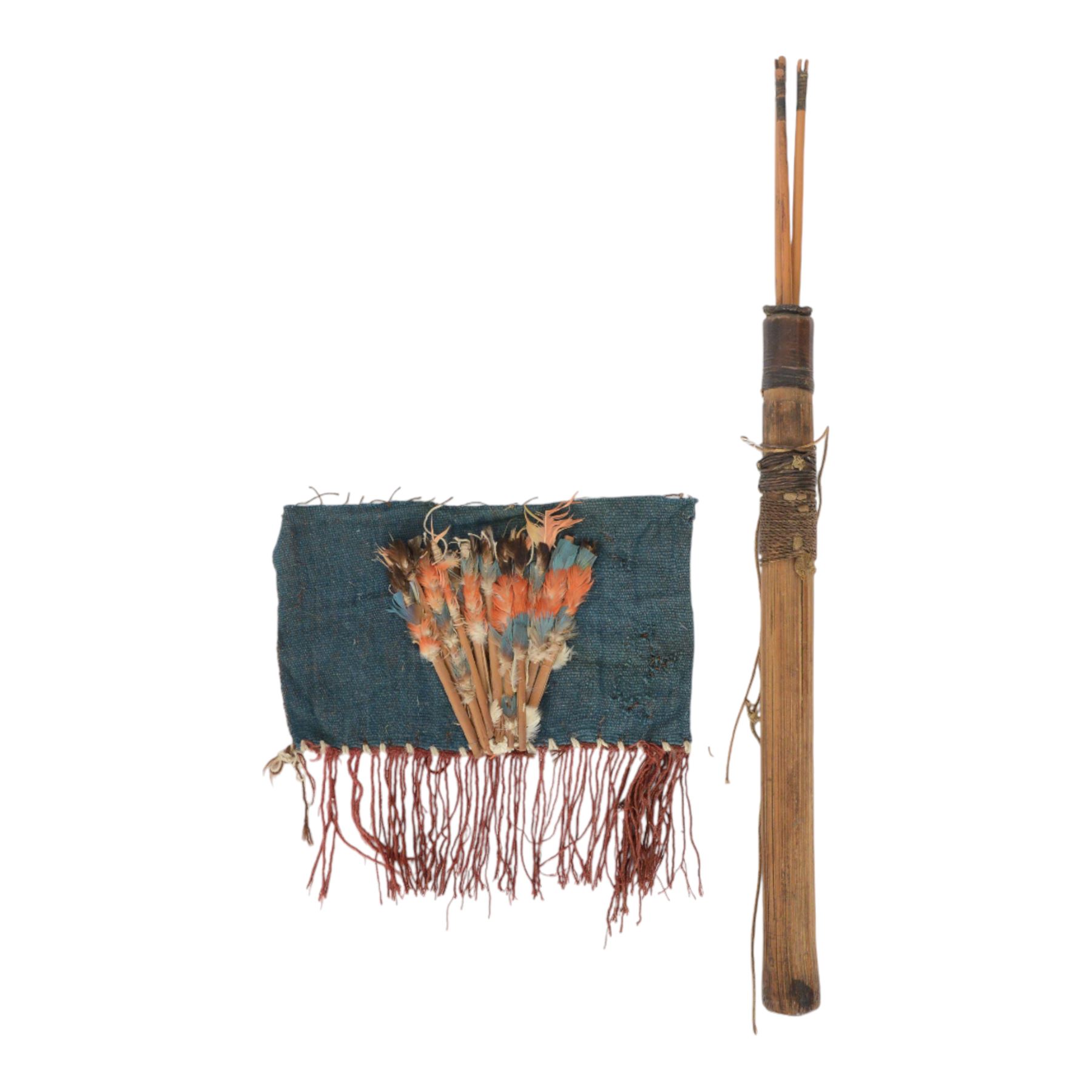 South American Indian carrying bag for blow pipe darts, together with African quiver with three barbed arrows