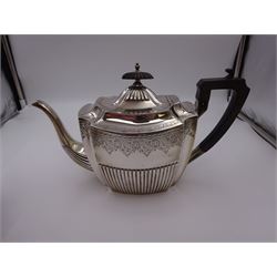 Victorian silver part tea service, comprising teapot, with ebonised handle and finial, and twin handled open sucrier, each of part fluted form with engraved foliate decoration, hallmarked Walker & Hall, Sheffield 1895, teapot H18cm