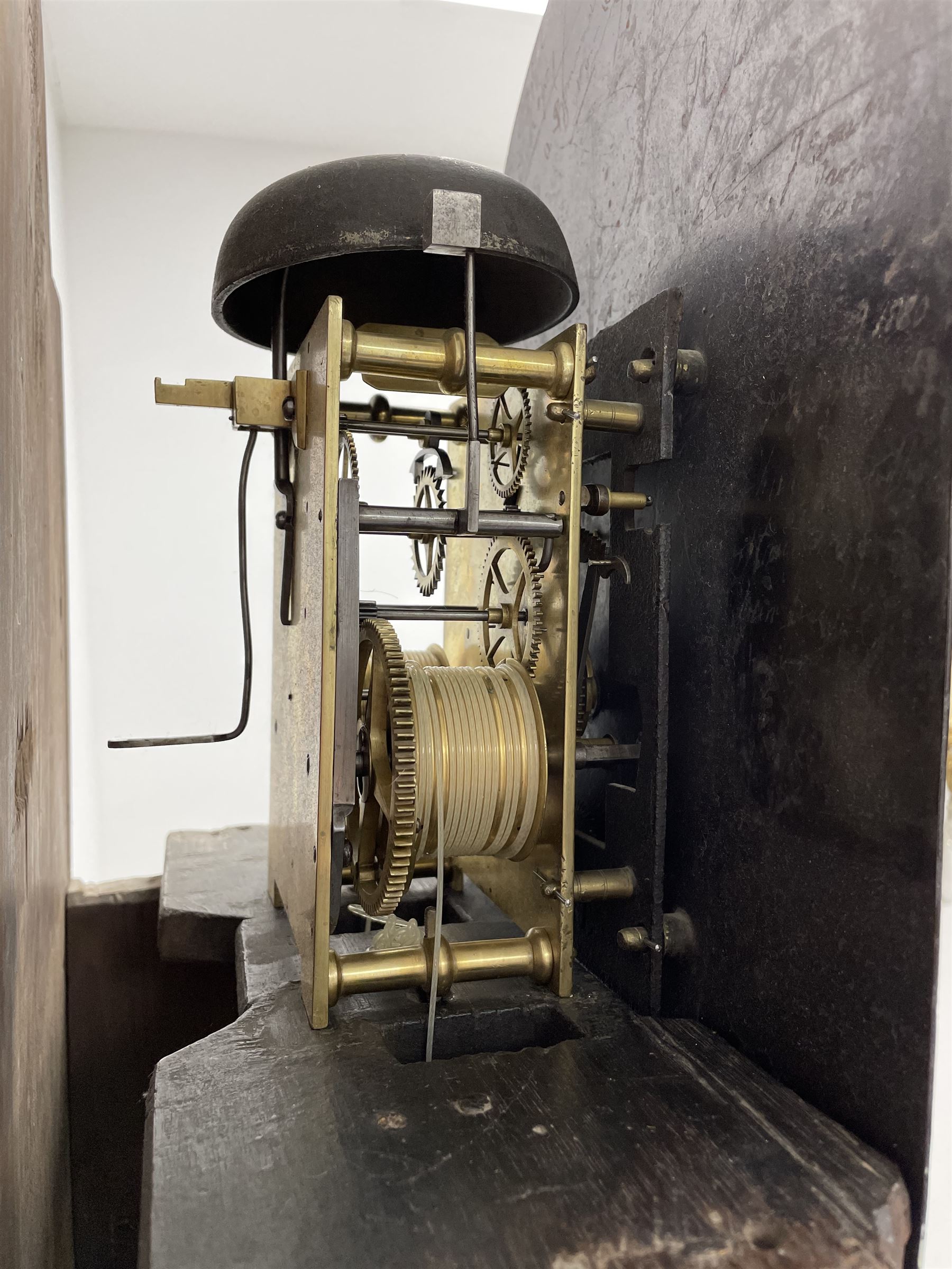 Early 19th century oak longcase clock, the enamel dial decorated with raised gilt trailing scrolls, signed 'Amyot & Bennett, Norwich', 8-day movement striking on bell