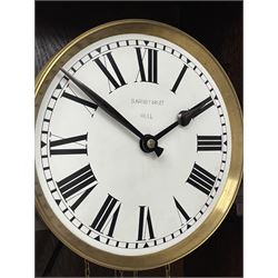 Early 20th century Art Deco oak longcase clock, circular dial with roman numerals and minute track, dial signed 'Barnby & Rust, Hull', twin chain driven movement striking the hours on gong rods. With weights and Pendulum.