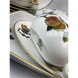 Royal Worcester Evesham dinner service including dinner plates, bowls and side plates all sets of six, five soup bowls, gravy boat and dish, four serving dishes with lids,  one platter, two serving dishes, two jars with lids and two other dishes. 