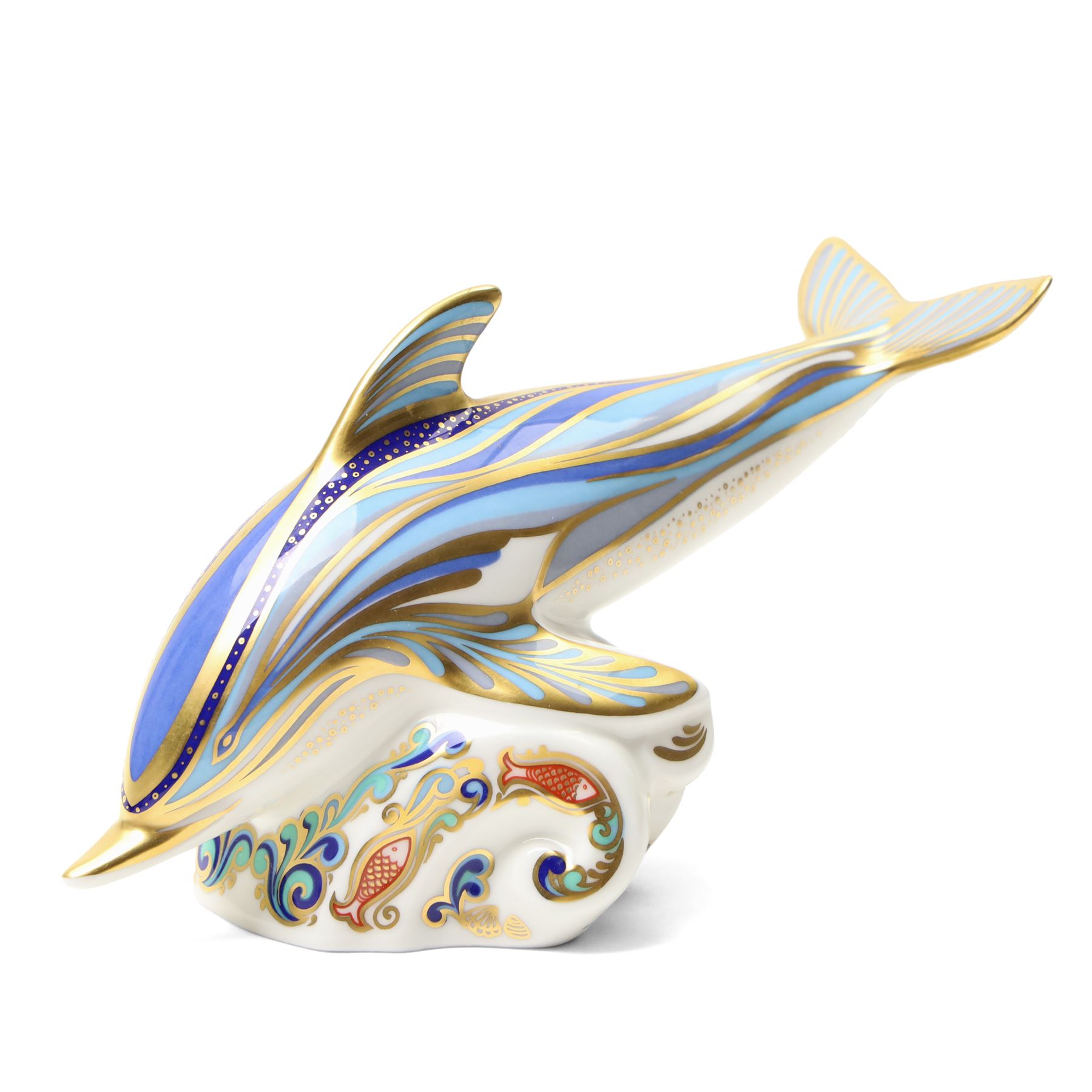 Moorcroft 'Wind of Change' pattern vase H13cm, boxed, Royal Crown Derby 'Striped Dolphin' limited edition paperweight 1166/1500, boxed and with certificate and another Dolphin paperweight, boxed and both with gold stoppers (3)  