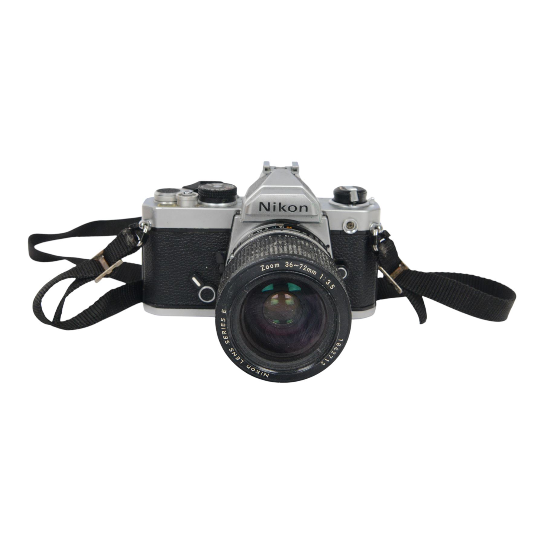 Two Nikon FM camera bodies, comprising Nikon FM serial no. 3239117, with a Nikon Series E 36-72mm 1:3.5 zoom lens and a Nikon FM2 serial no. 7141741, with a Nikkor 50mm 1:1.8 lens and a Nikon Series E 70-210mm 1:4 zoom lens