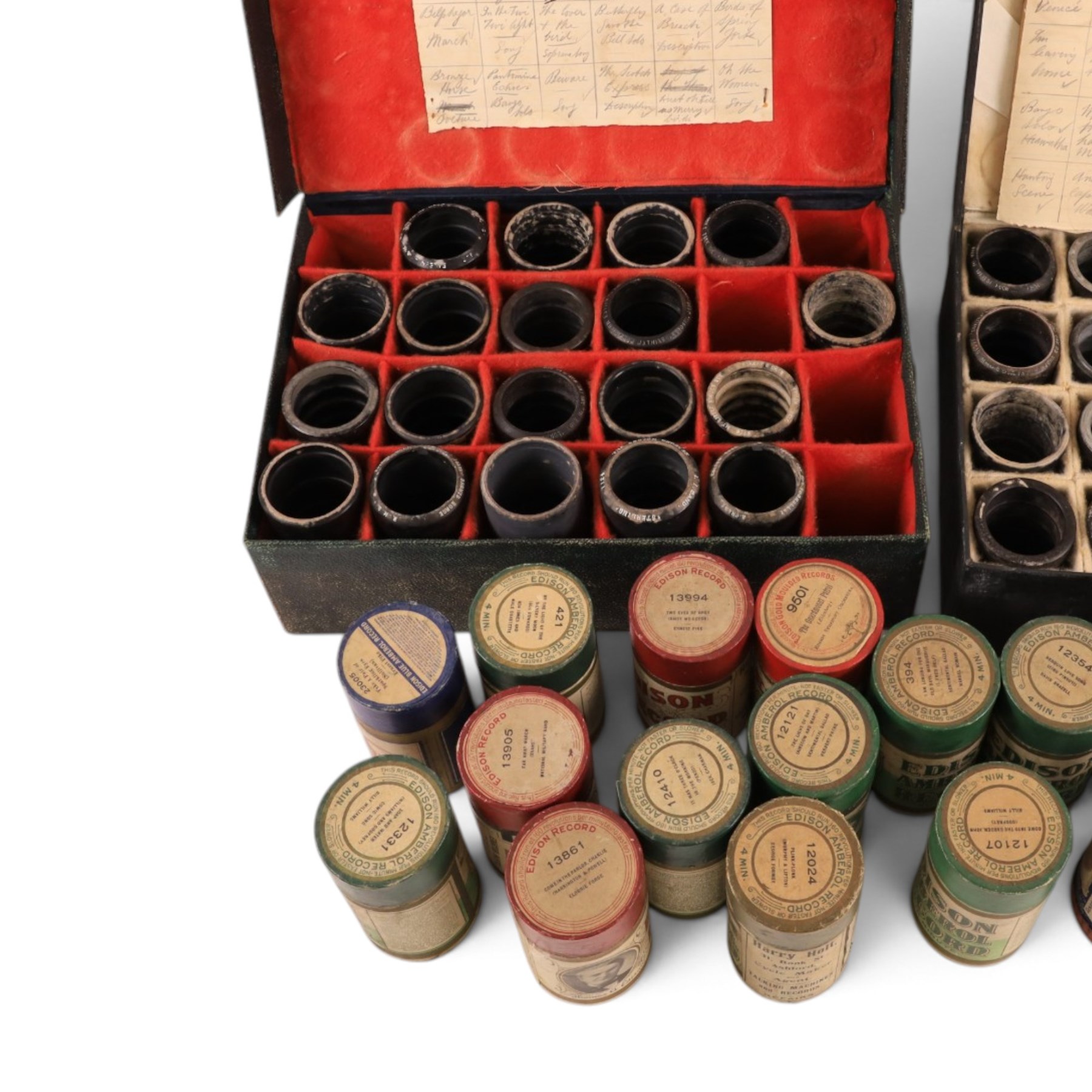 Early 20th century Edison Standard phonograph, in oak case, serial number S179930, together with a large brass phonograph horn and a collection of wax cylinders