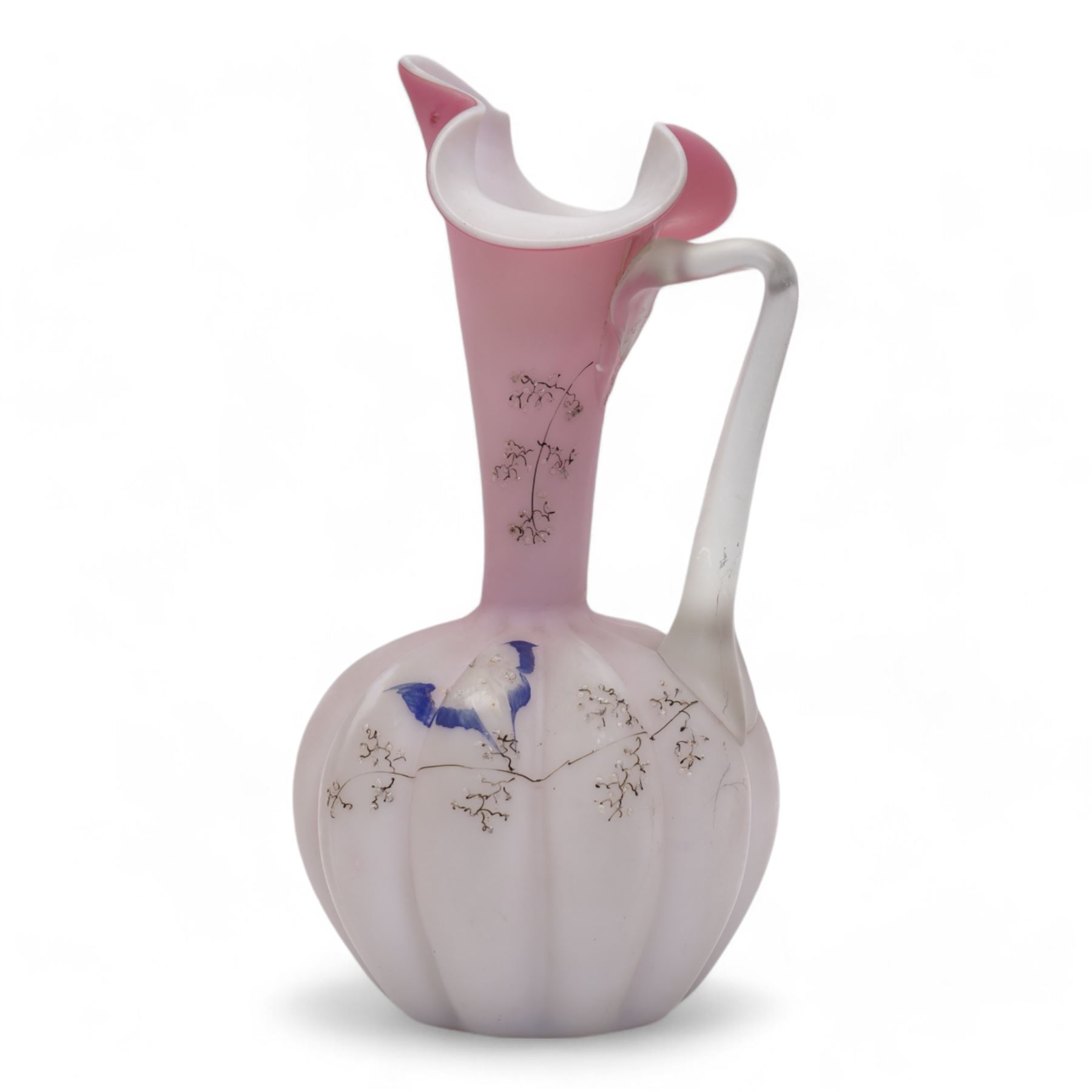 Early 20th century Bohemian cranberry glass flower form plate, overlaid with opaque and hand painted and gilded with a floral bouquet, D19.5cm, pair of cranberry glass pulpit vases, satin glass ewer and two further pieces of cranberry glass (6)