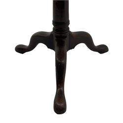 George III mahogany tripod table, circular tilt-top on barrel-turned column, three out-splayed supports
