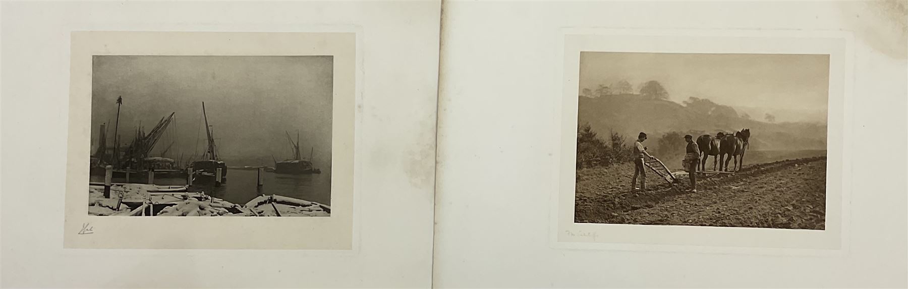 Frank Meadow Sutcliffe (British 1853-1941): 'Dinner Time' - Foulbriggs Field Lealholm Hall Farm, 19th century photographic print signed on the margin in pencil, with embossed border  15cm x 19.5cm; another similar mounted photograph of a Port scene (unframed) (2)