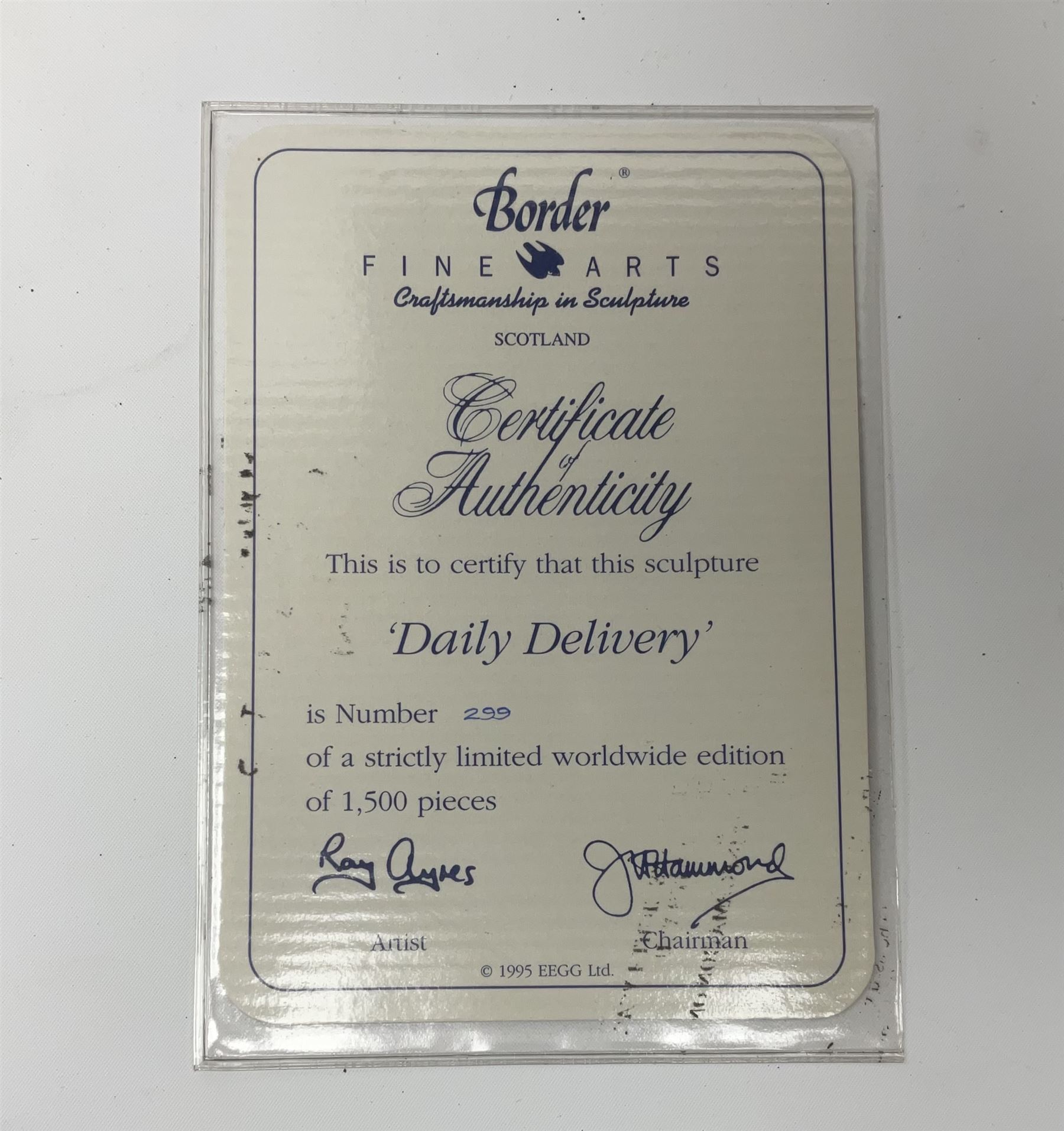 Border Fine Arts limited edition figure, Daily Delivery, model no JH103 by Ray Ayres 299/1500 on a wooden base L39cm, with certificate of authenticity. 