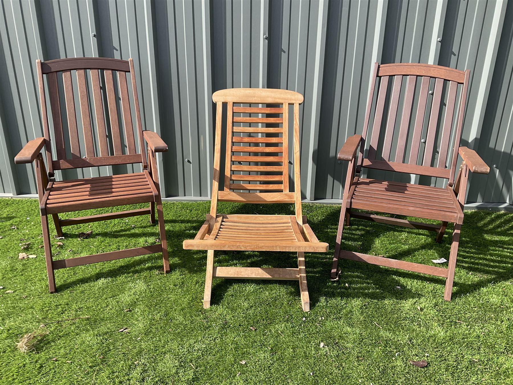 Two teak folding garden armchairs and folding lounger - THIS LOT IS TO BE COLLECTED BY APPOINTMENT FROM DUGGLEBY STORAGE, GREAT HILL, EASTFIELD, SCARBOROUGH, YO11 3TX