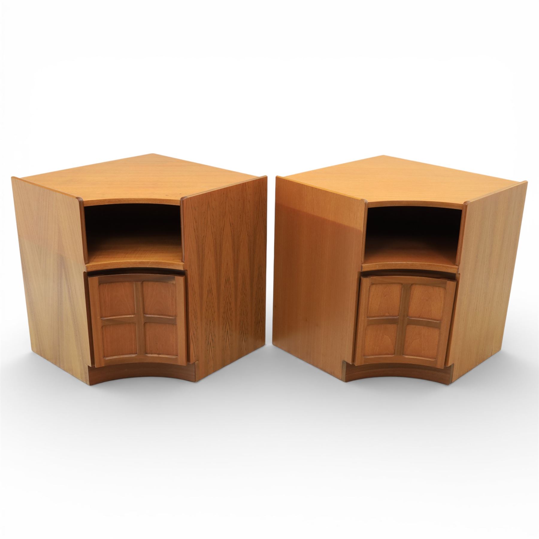 Nathan - concave corner cabinet, each of quarter round form with square top to fit against a wall, with open display compartment above a signature square panelled cupboard door, raised on a recessed plinth base