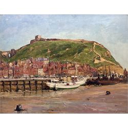 Alexander Jamieson (Scottish 1873-1937): 'Scarborough Castle and Harbour', oil on canvas signed, titled on exhibition label with 'Aylesbury' address label and James Bourlet label verso 70cm x 90cm